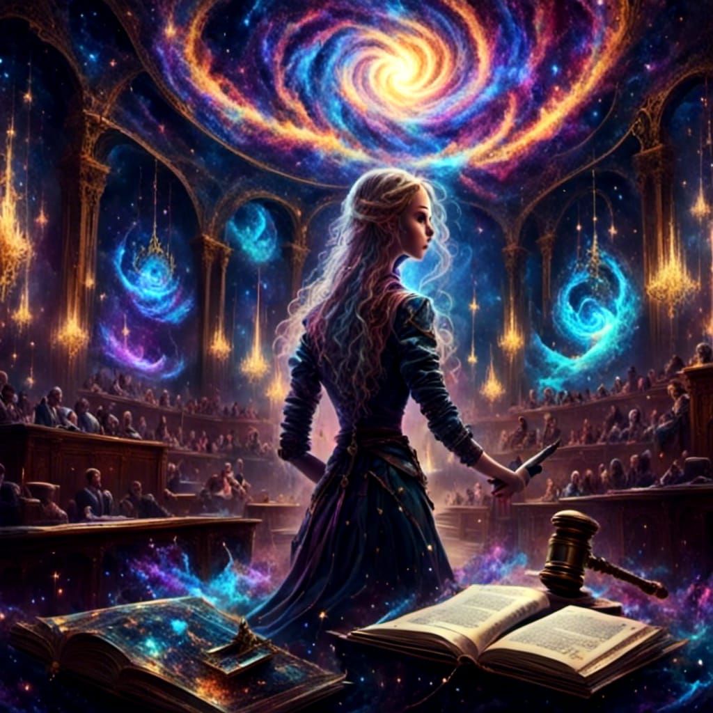 Courtroom Scene with Judge and Scales of Justice