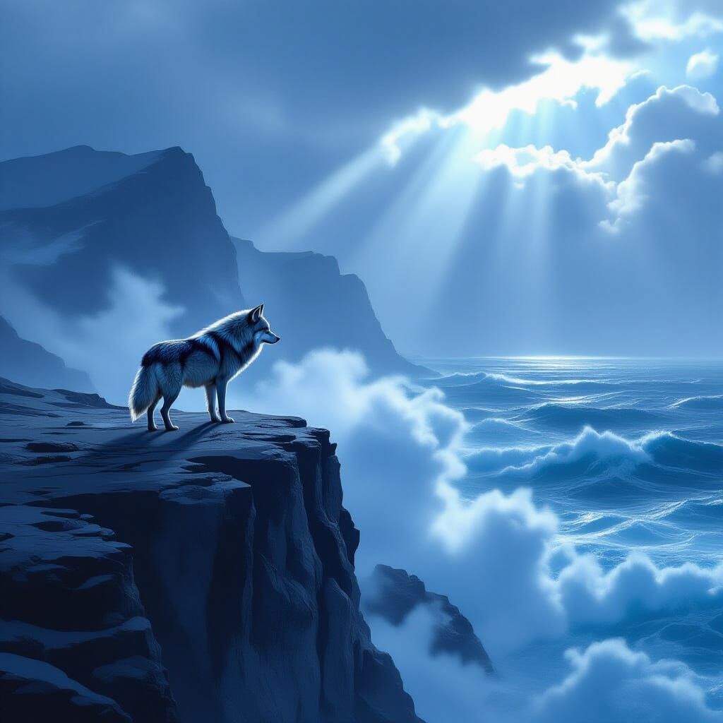 Lone Wolf on Windswept Cliff Overlooking Turbulent Ocean
