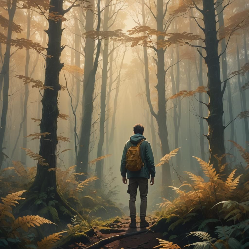Person in Misty Forest: Vibrant Digital Art