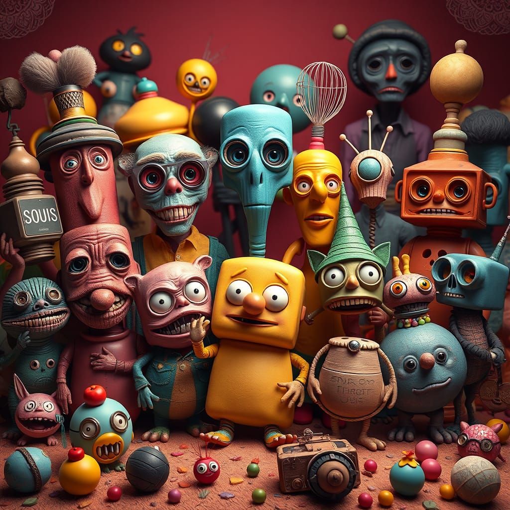Whimsical Anthropomorphic Objects in Dreamlike Tableau