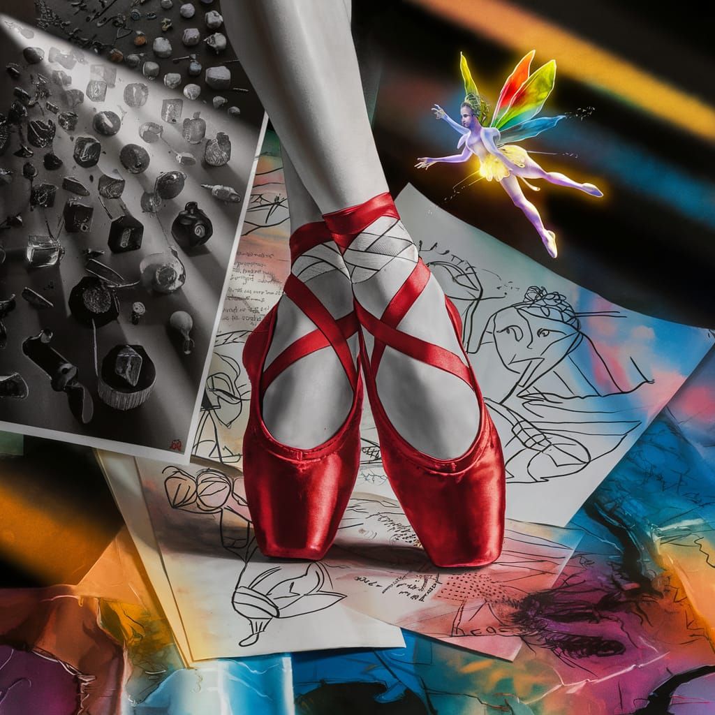 Surreal Ballet in Cubist Style with Rainbow Fairy