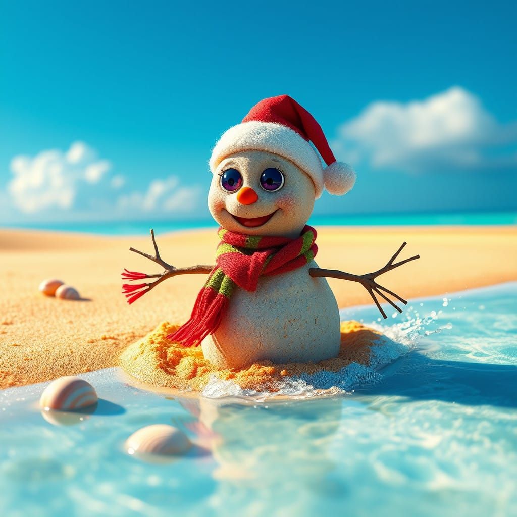 Whimsical Snowman Chases Waves on Sun-Kissed Beach in Realis...
