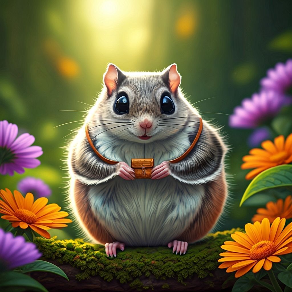 Flying Squirrel in Flower Garden, Whimsical Illustration