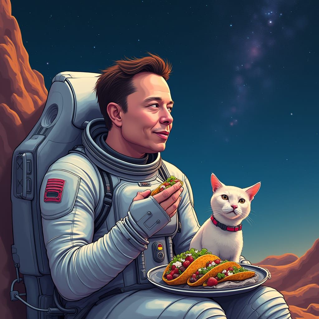 Astronaut Cat Gazer Eating Taco in Space