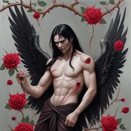 Detailed Gouache Painting: Man with Grey Wings and Thorns