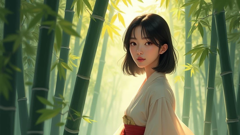 Korean Woman in Hanbok in Bamboo Forest