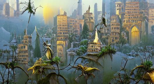 Overgrown City in Valley: Ethereal Fantasy Oil Painting