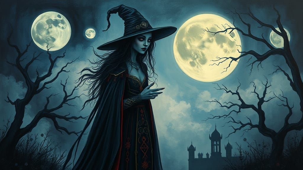Melancholy Witch Under Moonlight in Impasto Style
