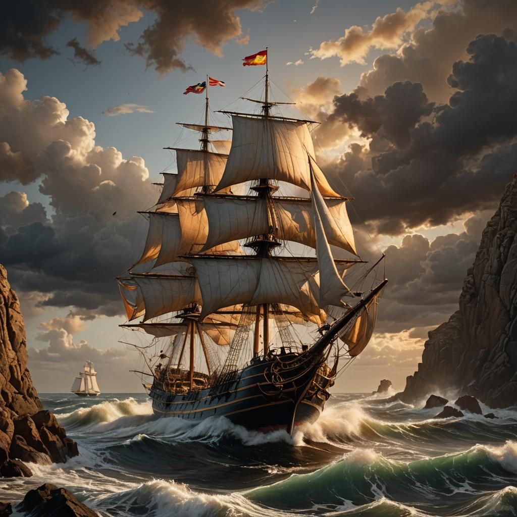 Spanish Ship at Sea in Dramatic Golden Light
