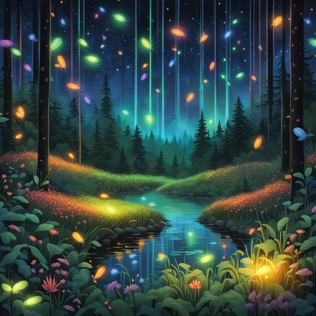 Glowing Lightning Bugs in Lush Landscape