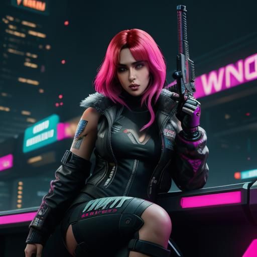 Cyberpunk Girl with Guns in Neon Cityscape