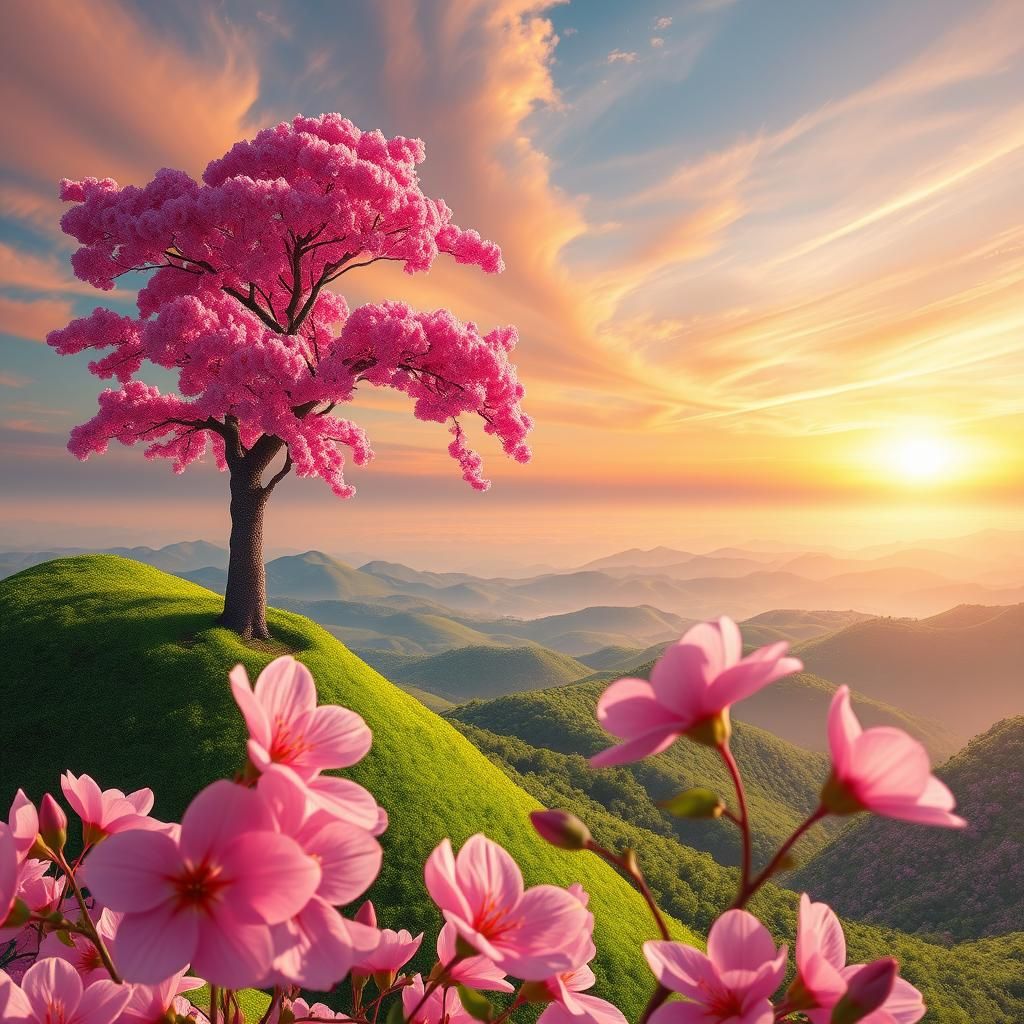 Sakura Tree on Hill Overlooking Dreamy Blossom Landscape