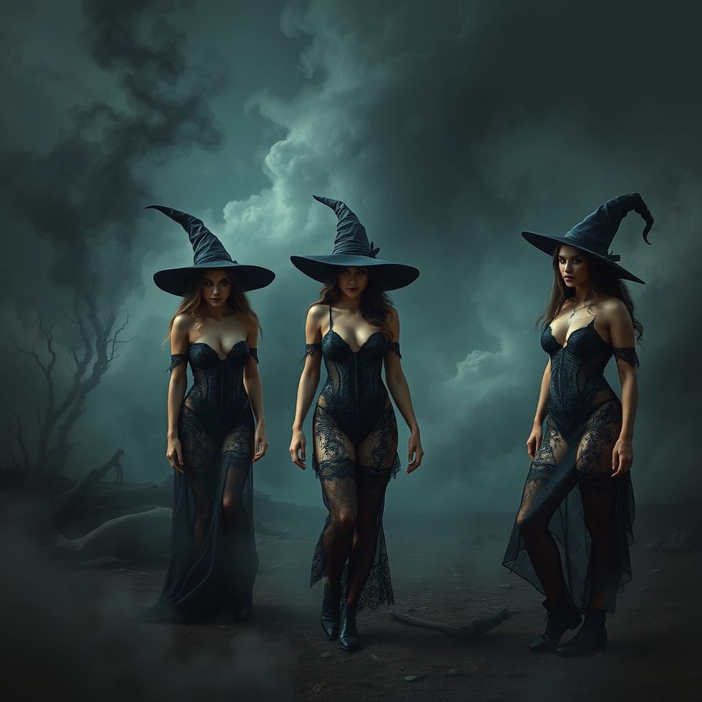 Witches in a Dark Landscape, Photorealistic Dark Fantasy Art