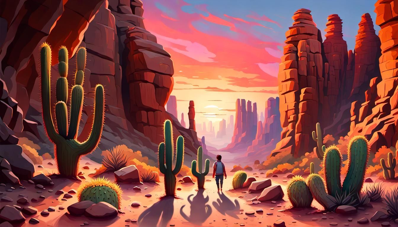 Desert Canyon Sunset with Cactus Family