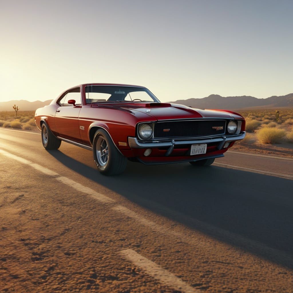 Gleaming Vintage Muscle Car on Desert Highway