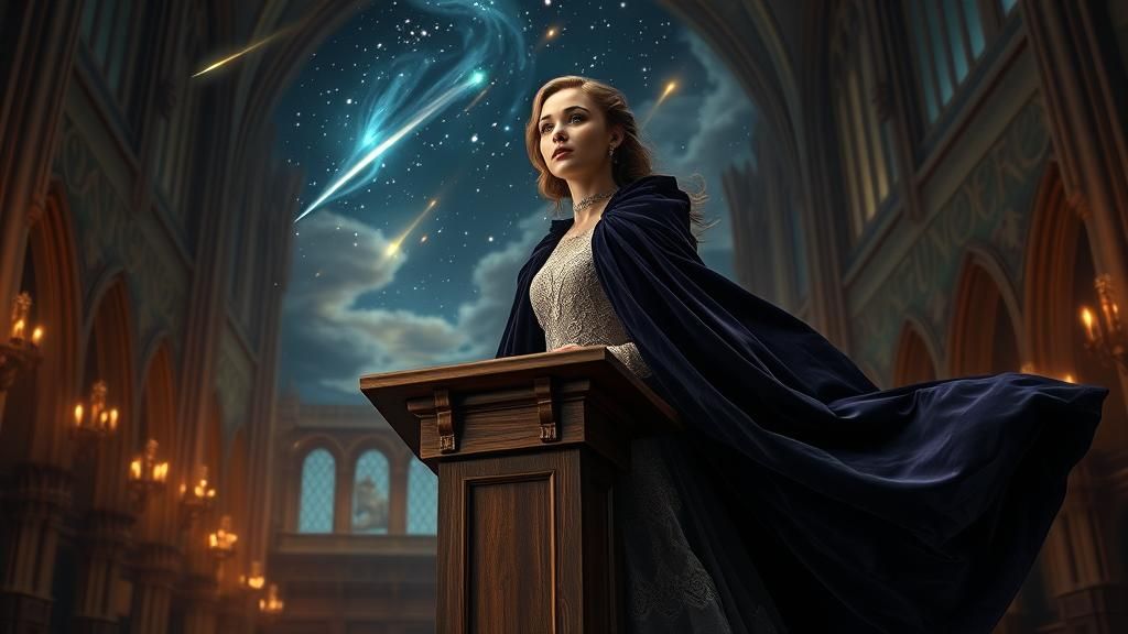 Victorian Woman in Cathedral Under Celestial Twilight