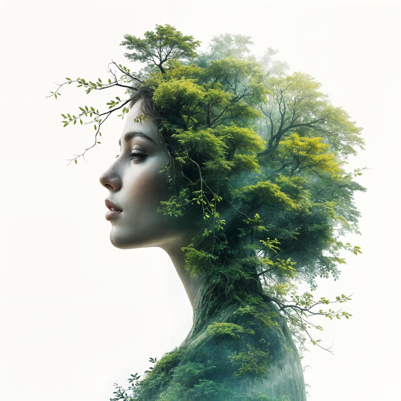 A woman’s face blended with a lush forest