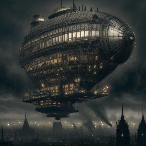 Steampunk Airship Over City in Charcoal Drawing Style