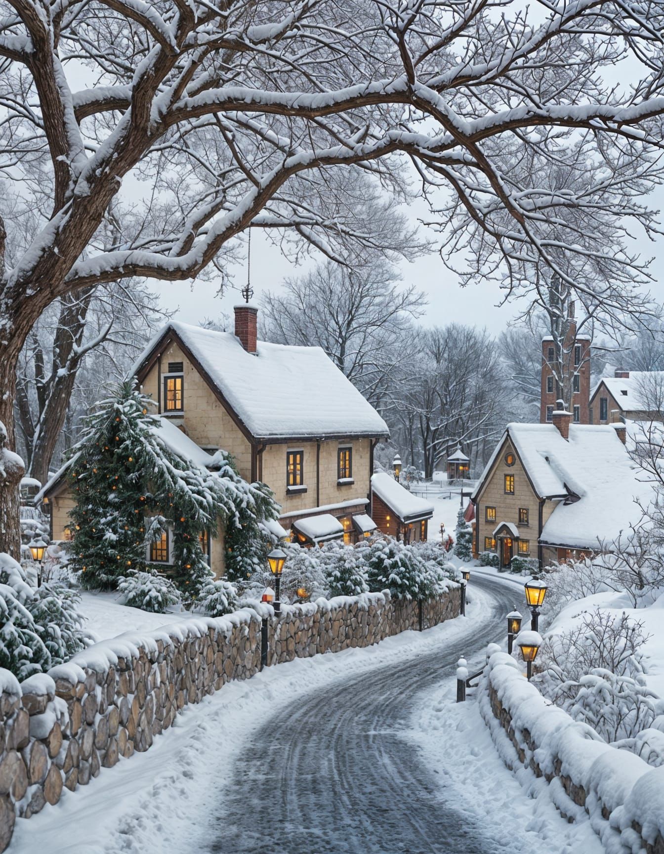 Christmas Village in Snowy Lamplight