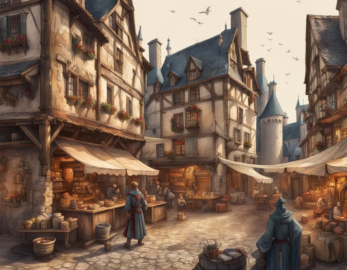 Medieval Market Journal Page in Watercolor Style