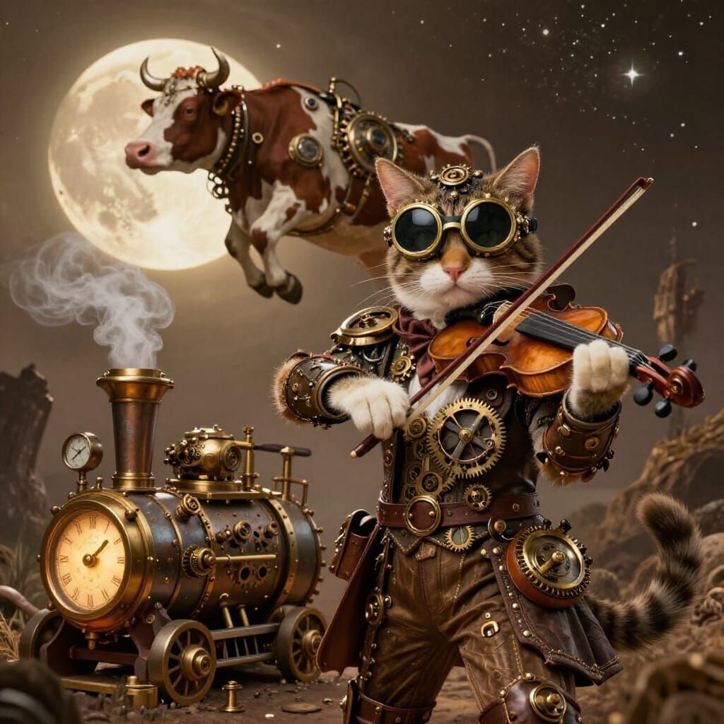 Steampunk Cat Plays Violin with Whimsical Engine and Moon Co...