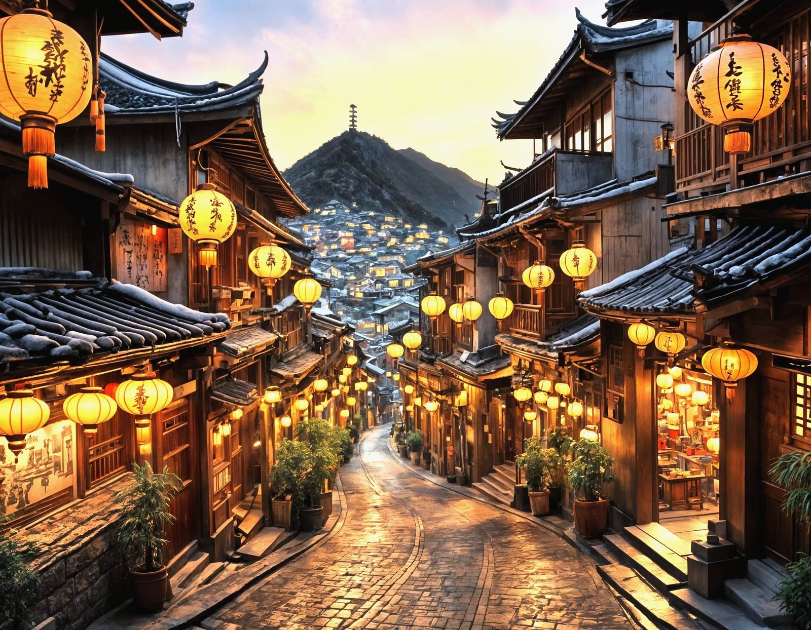 Jiufen Street Scene in Klimt Gouache Style