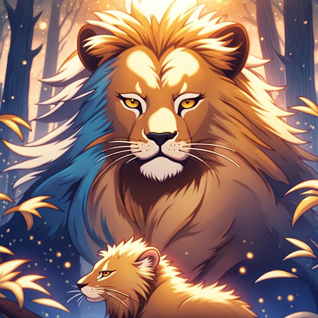 Victorious Lion Protects Forest Creatures in Anime Key Visua...