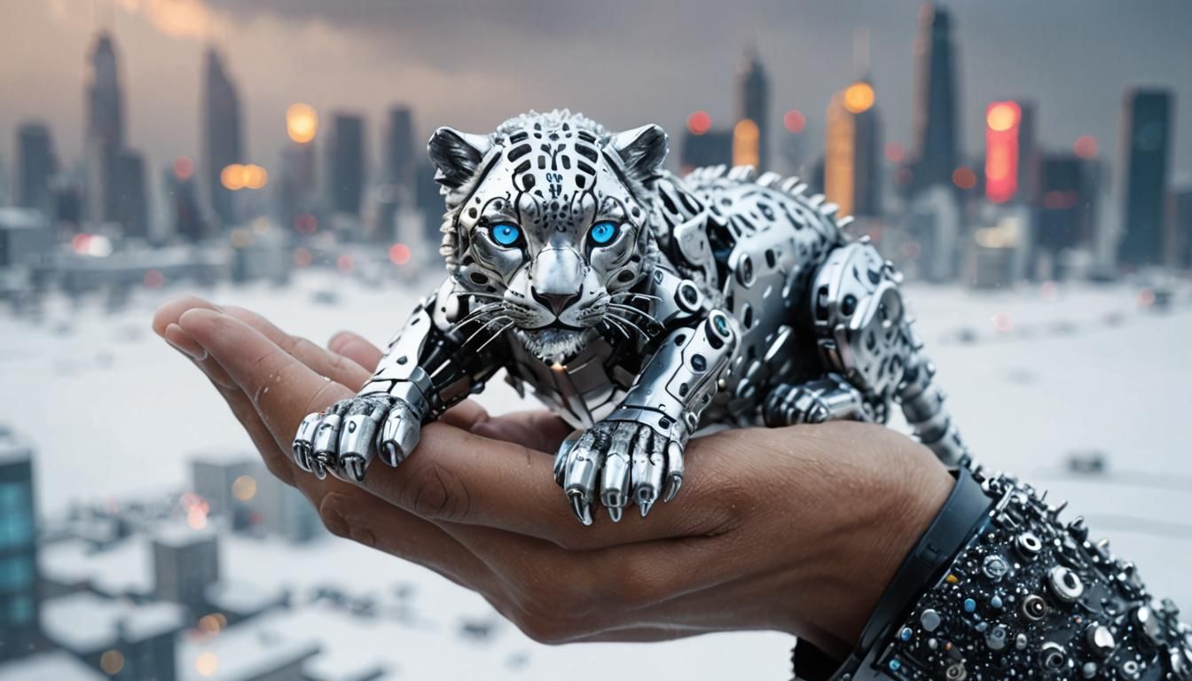 Futuristic Snow Leopard Cyborg in Neon Cityscape
