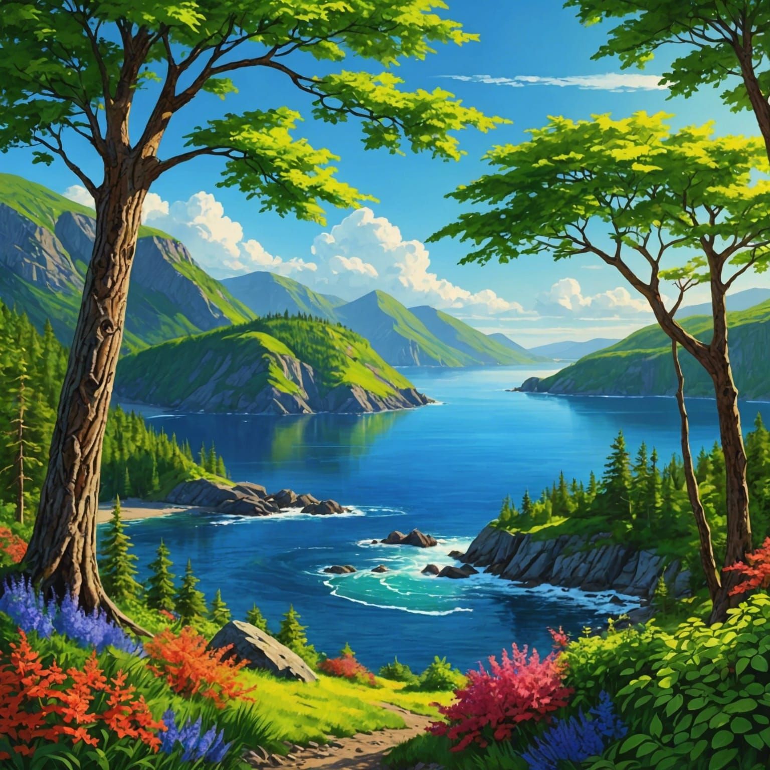 Lush Newfoundland Coastline Under a Blue Sky