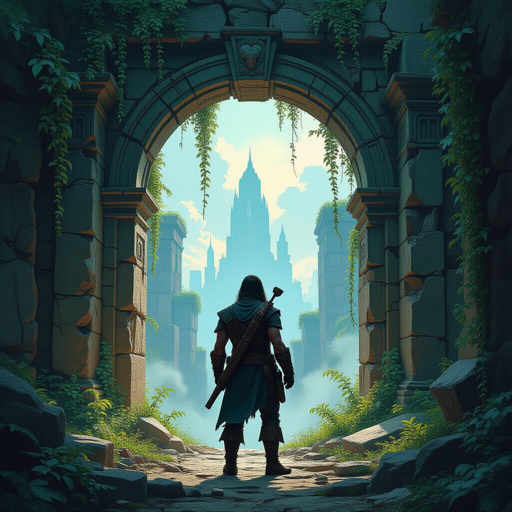 Explorer at Mystical Gateway in Frazetta Style