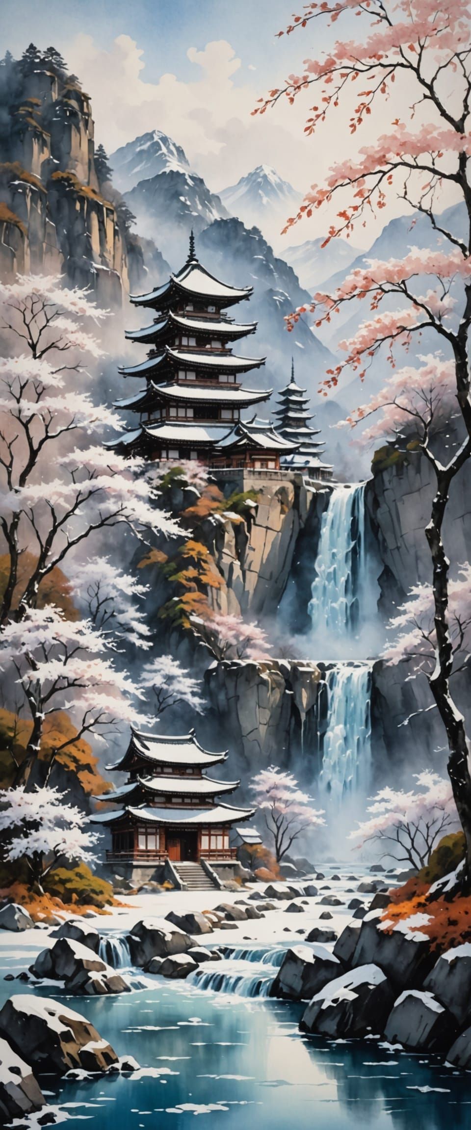 Frozen Japanese Temple with Cherry Blossoms in Winter