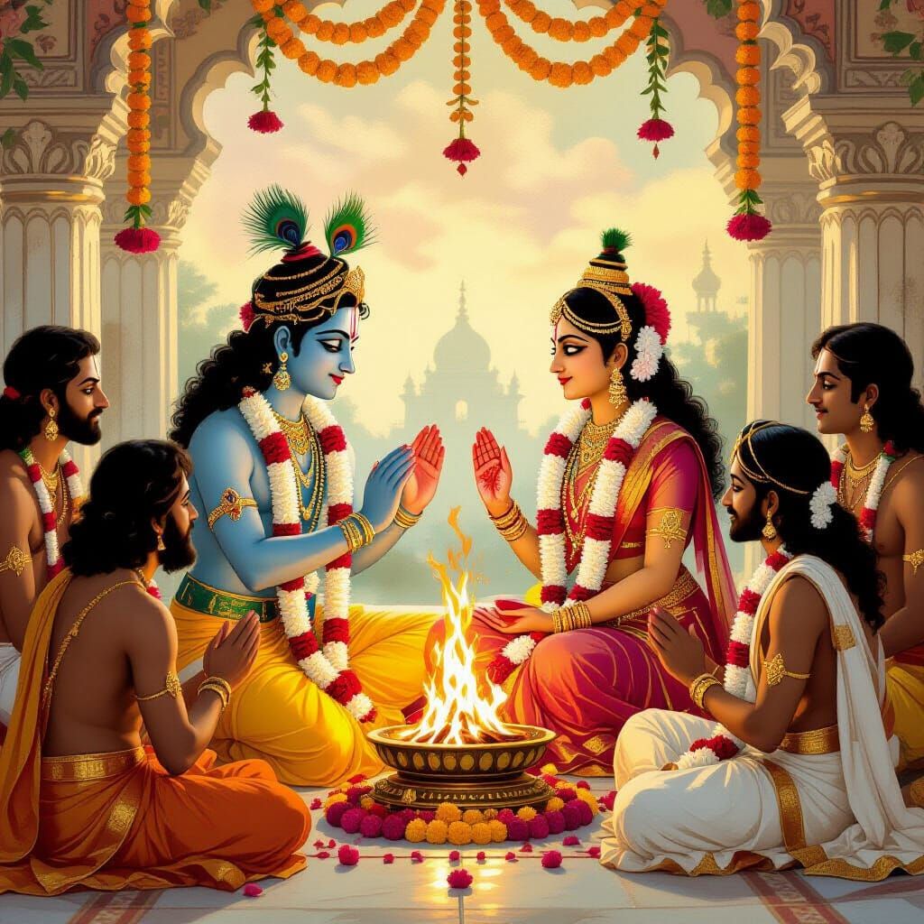 Krishna and Kalindi's Divine Wedding, in Miniature Art Style