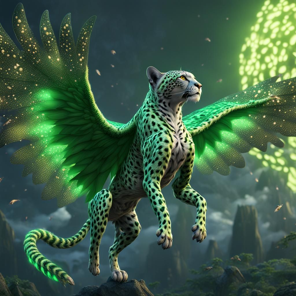 Green Cheetah with Silver Wings Fantasy Concept Art