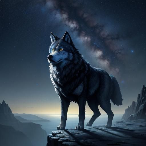Wolf Guardian on Cliff Under Starry Sky