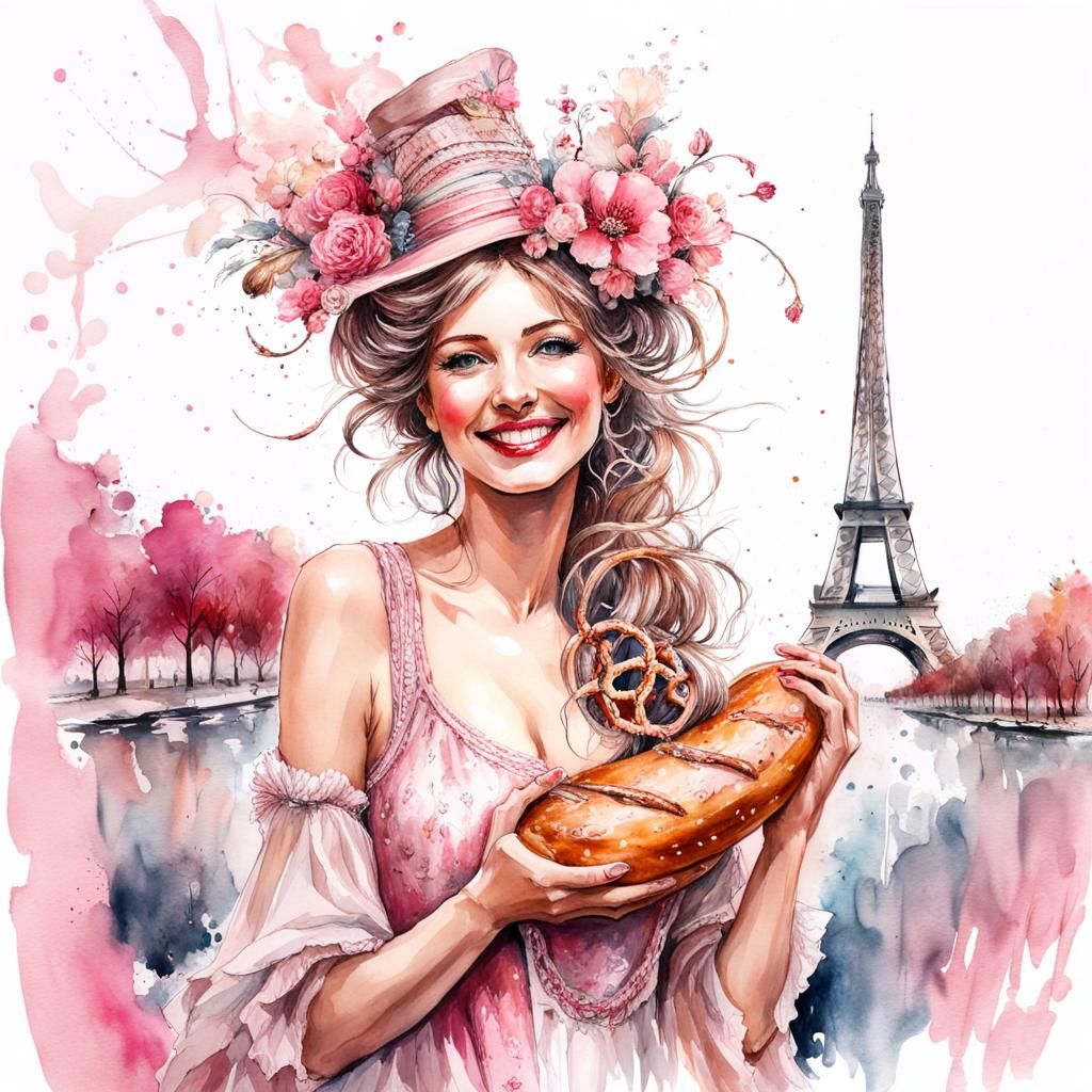 Smiling Pretzel Lady with Baguette, Watercolor Style