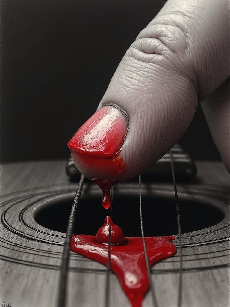 Finger Pressing Guitar String in Crimson Charcoal