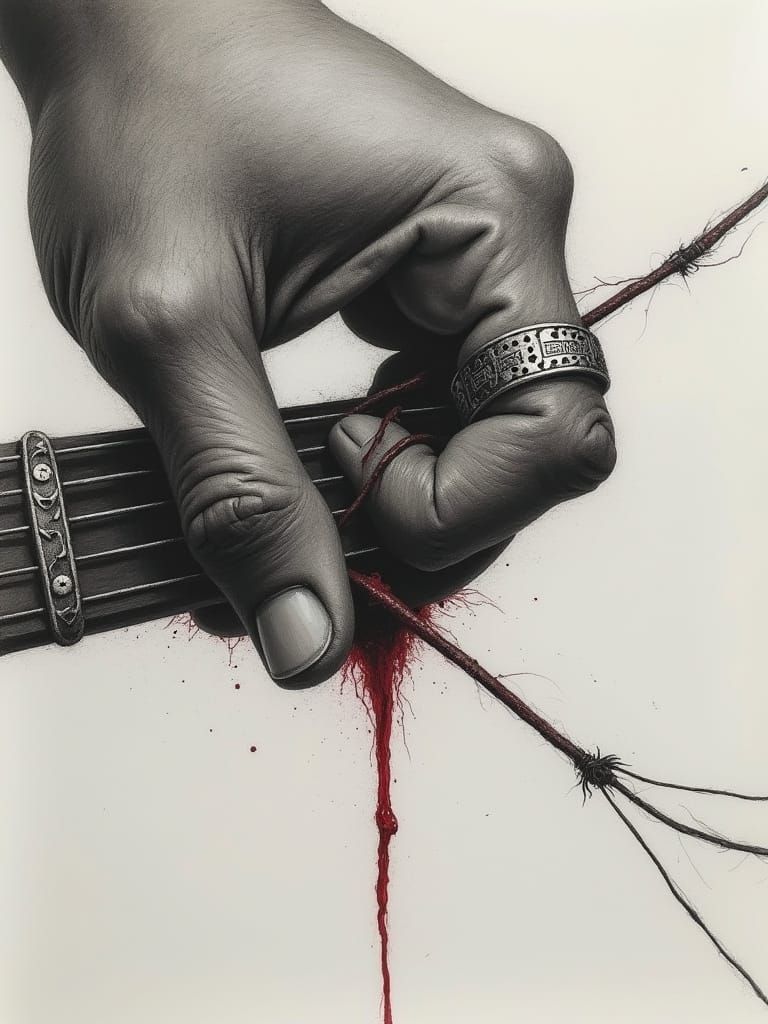 Finger Presses Guitar String in Charcoal Drawing Style