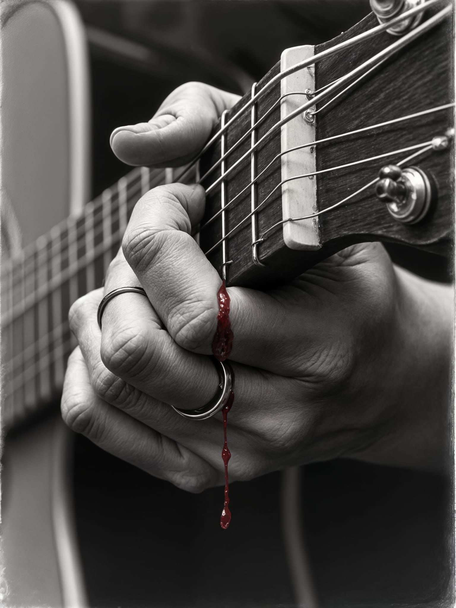 Finger Pressing Guitar String in Hyperdetailed Charcoal