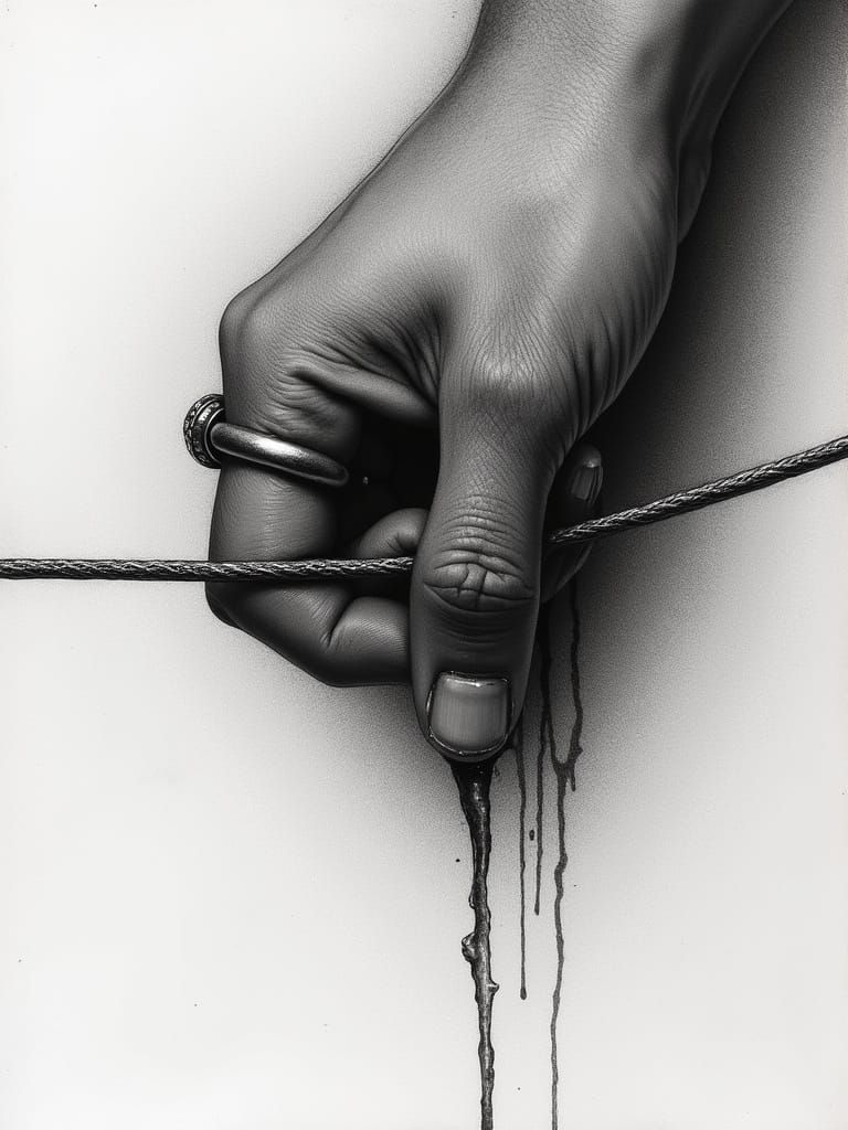 Finger Presses Guitar String in Charcoal Drawing Style