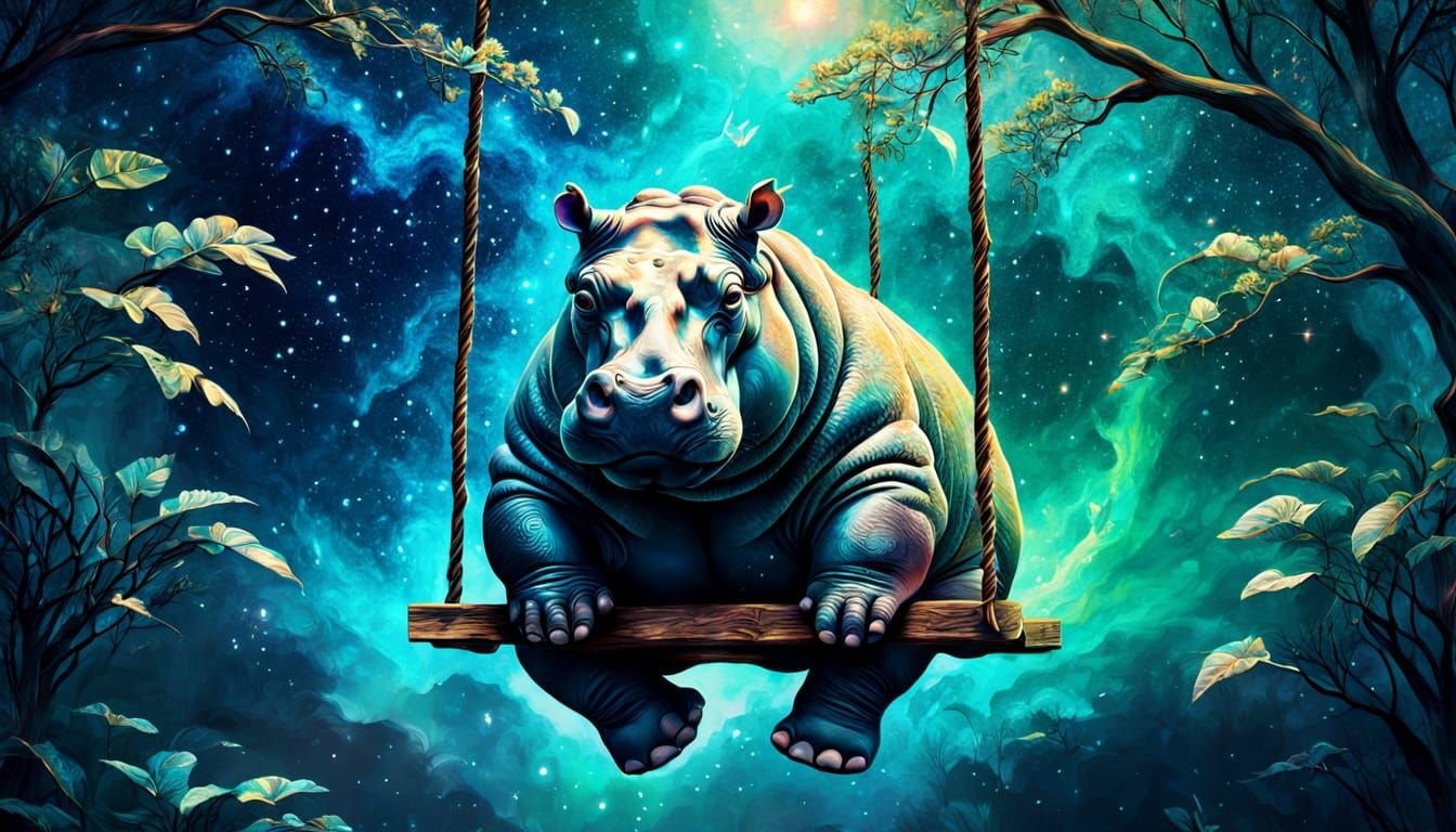 hippo sitting on a wooden swing