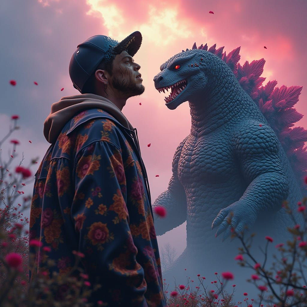 Eminem Juice WRLD Godzilla in Vibrant Fantasy World