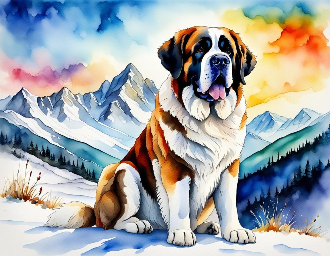 Happy St Bernard in Winter Landscape, Watercolor Style