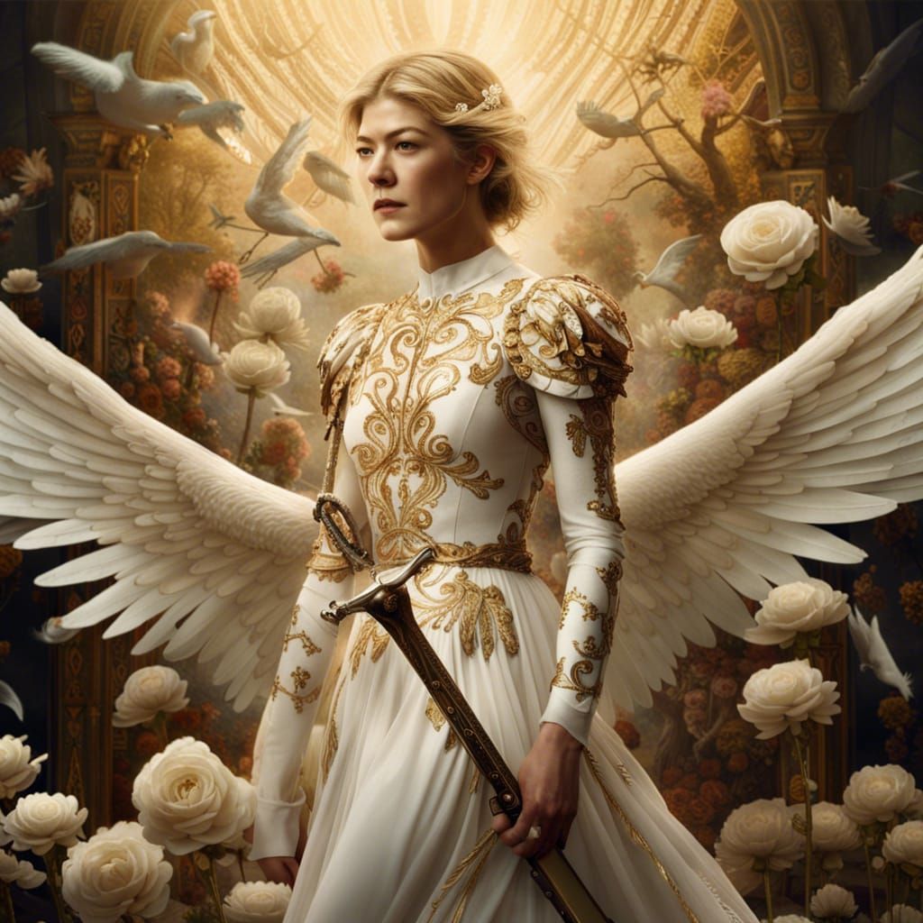 Epic Gold-Winged Warrior in Floral Dress