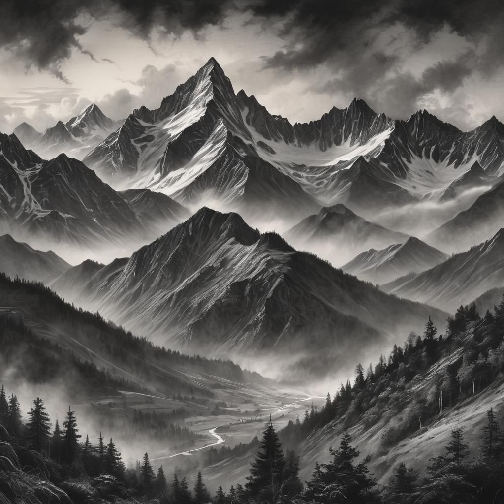 Misty Mountain Range Charcoal Drawing at Dawn