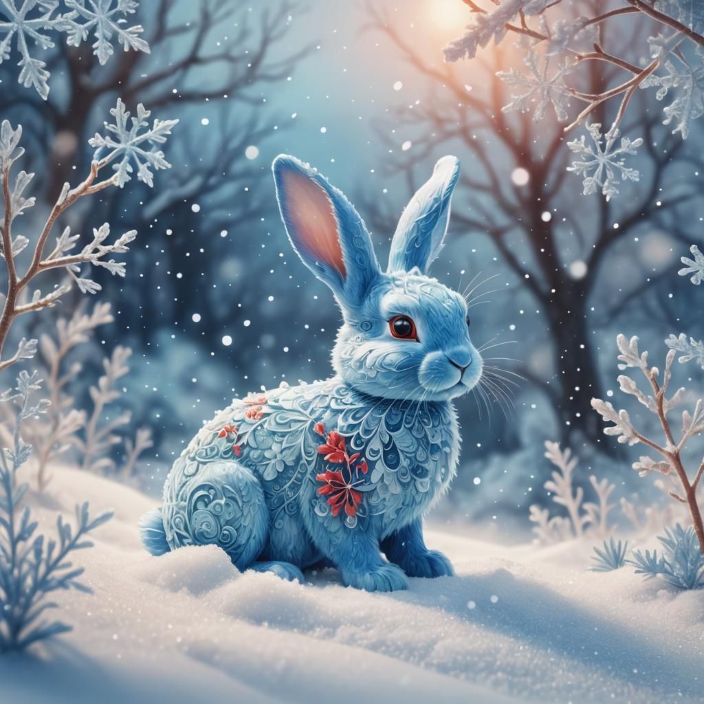 Blue Bunny in Snow: Whimsical Digital Illustration
