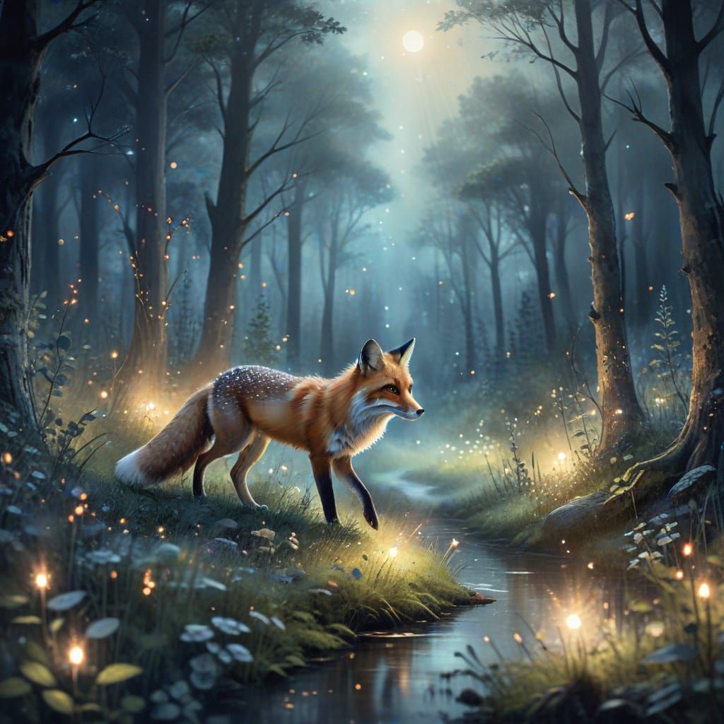 Fox Walks in Forest Under Ethereal Starlight