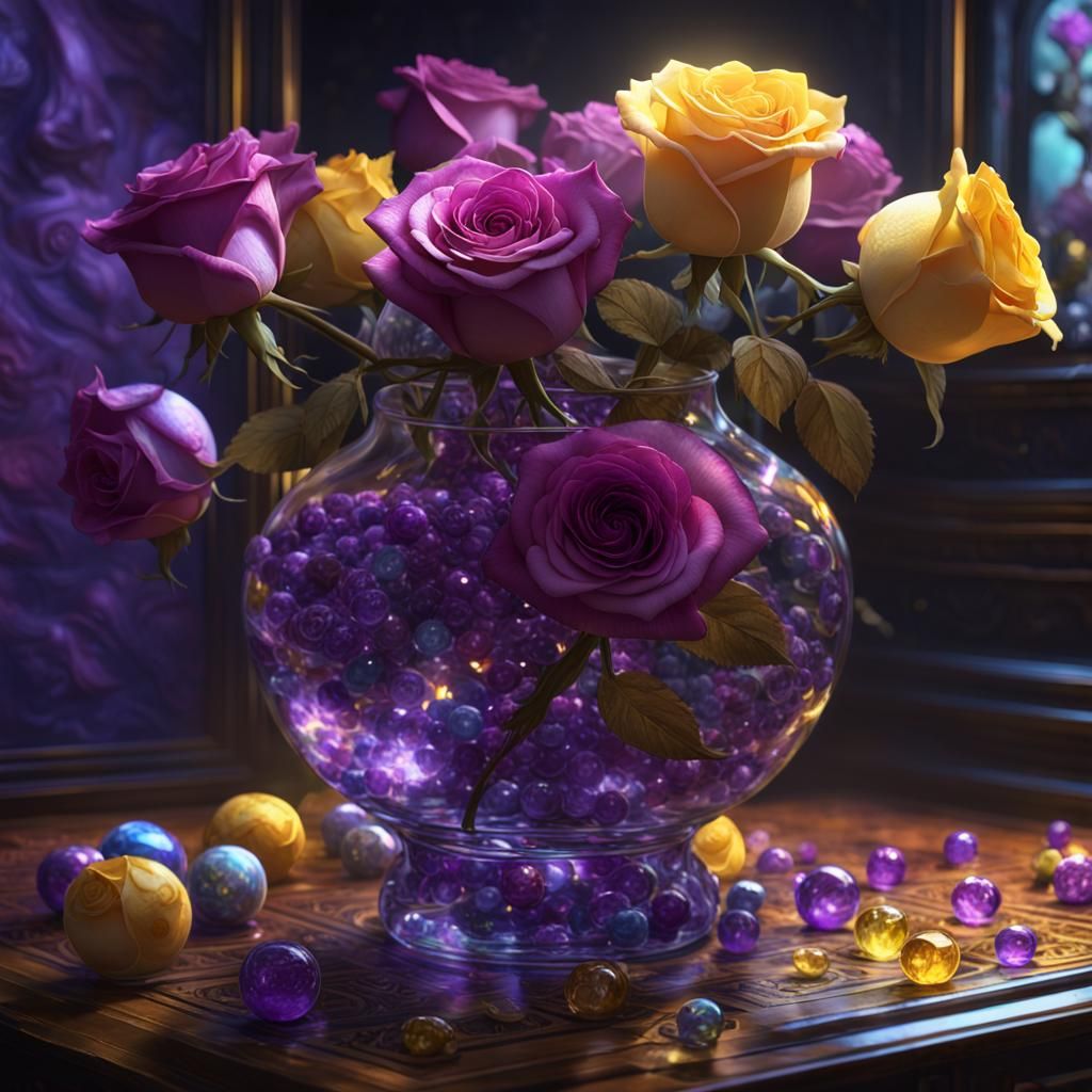 Roses and Marbles in Glass Vase, Detailed Fantasy Art
