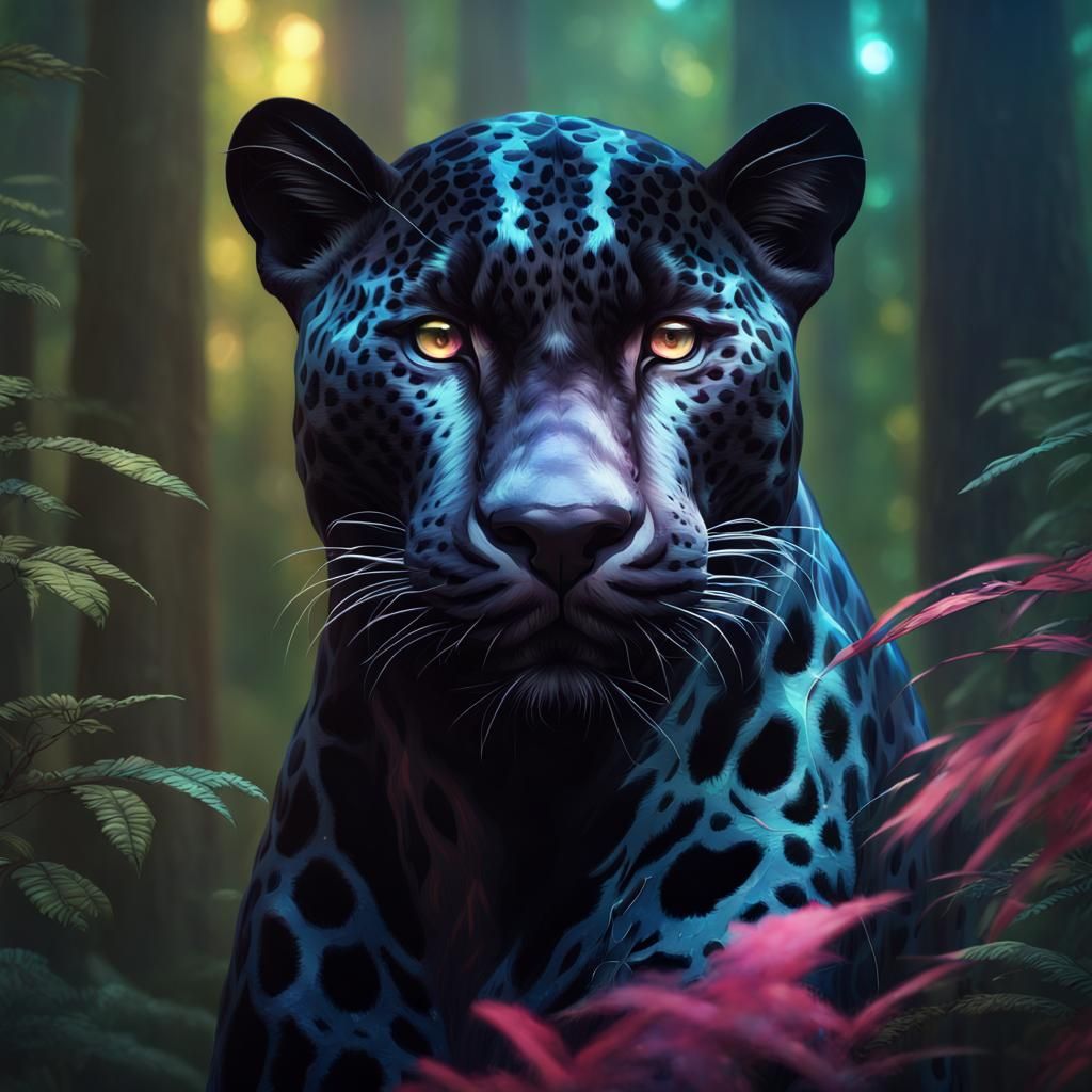 Galactic-Eyed Jaguar in Dreamy Forest