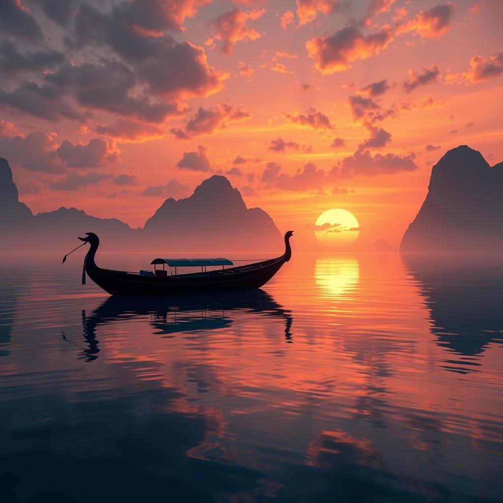 Exotic Dinghy on Mirrored Water at Sunset