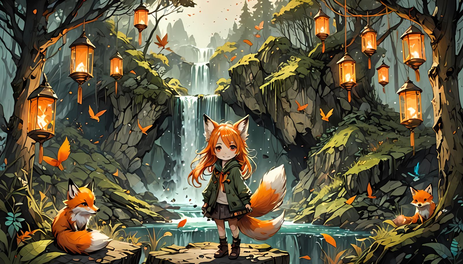 Chibi Girl in Majestic Waterfall Forest